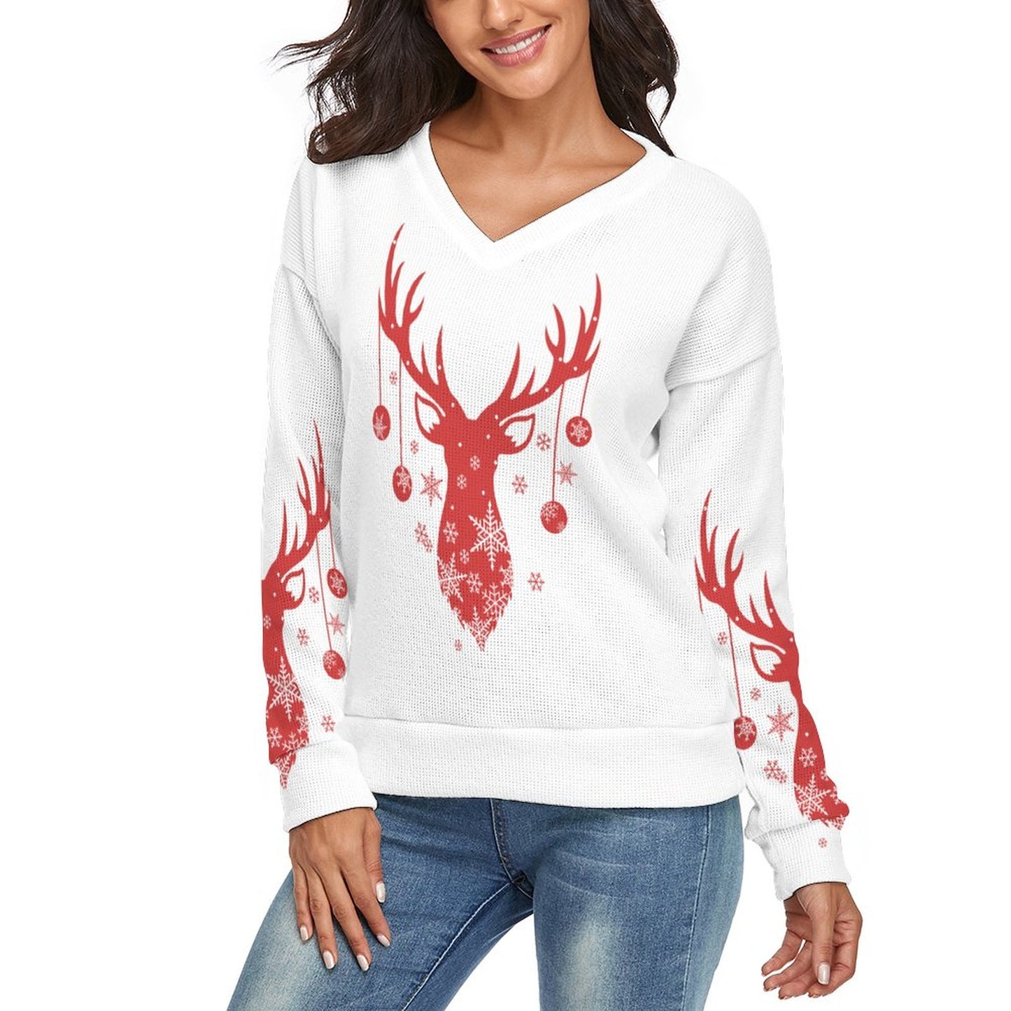 Online Custom Casual Wear for Women V-neck Sweater Christmas Red Reindeer Snow