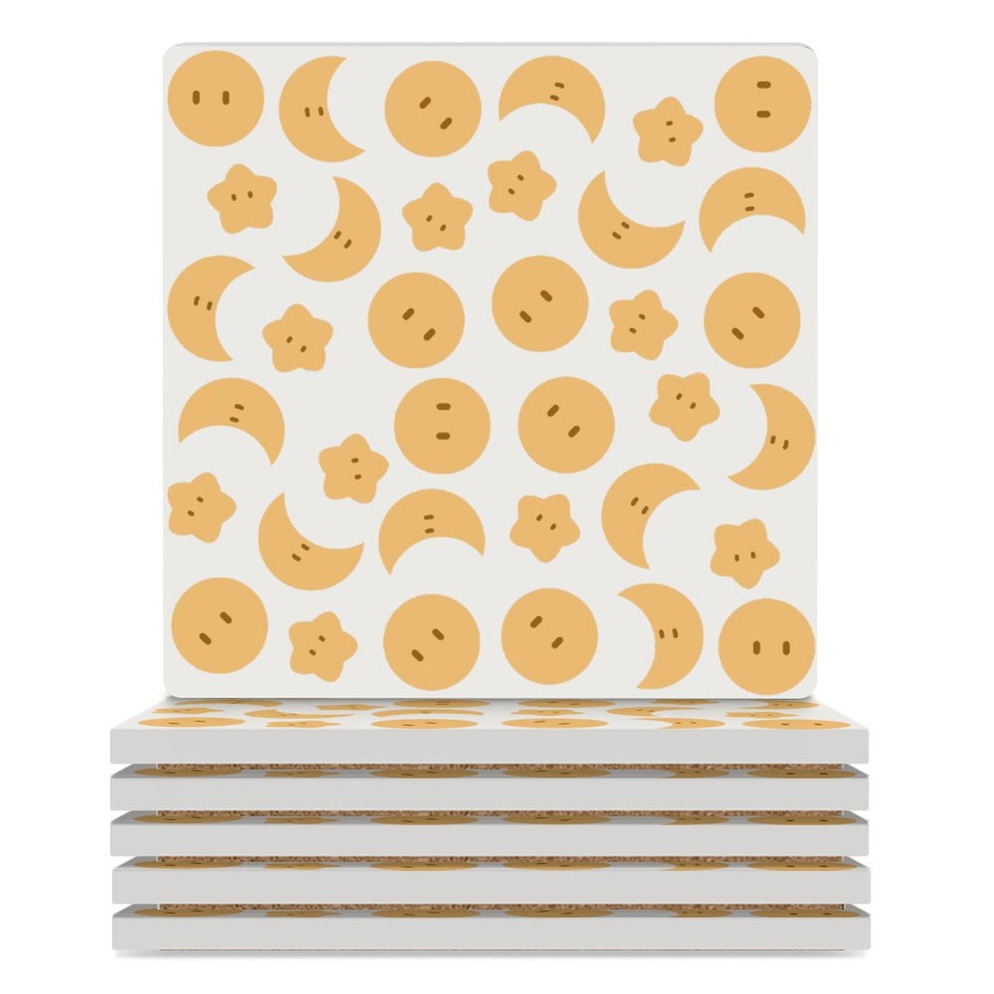 Online Customize Ceramic Coasters Square Tile Pattern Sun Star Moon Cute Yellow