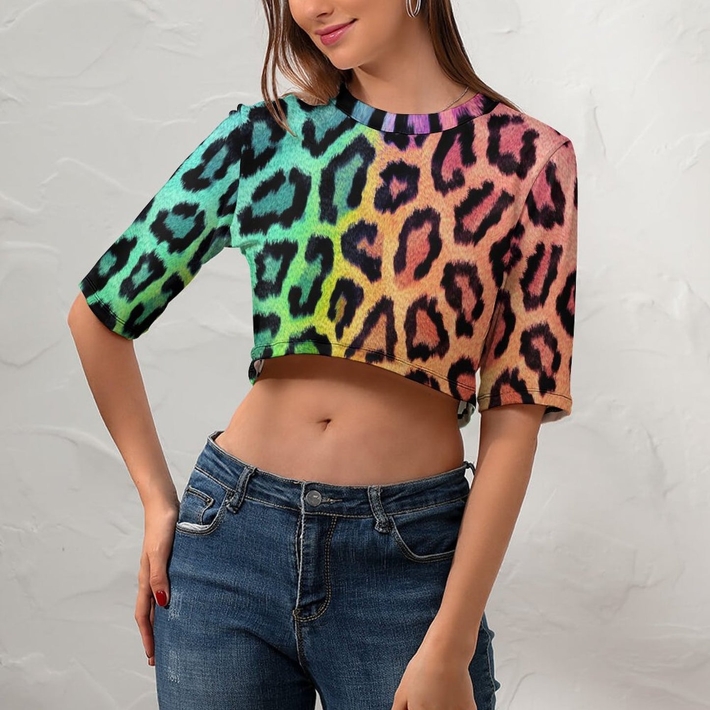 Online Custom T-shirt for Women Short-sleeve Crop Top Color Leopard Print