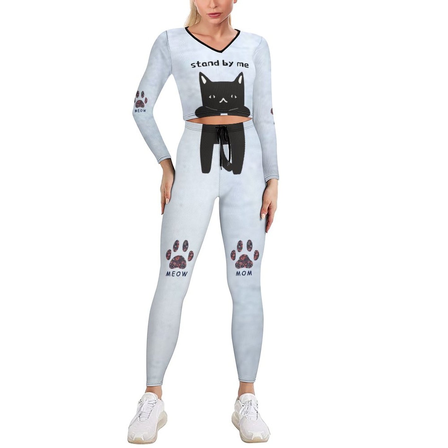 Online Custom Suit for Women V Neck Sweatshirt Set Cat Lazy Paralyzed Arrogant Sign Black White Cat