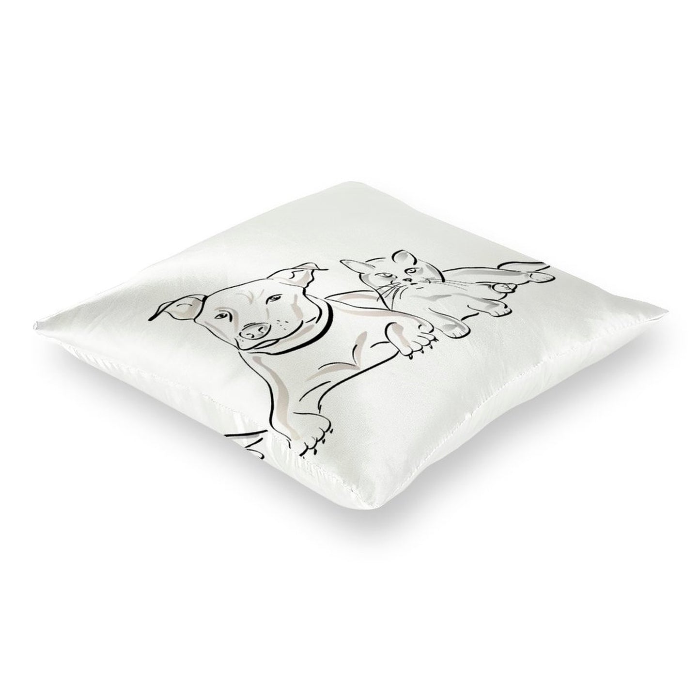 Online Custom Satin Pillow Case Sketch Drawing Dog & Cat White Background Only Pillowcase