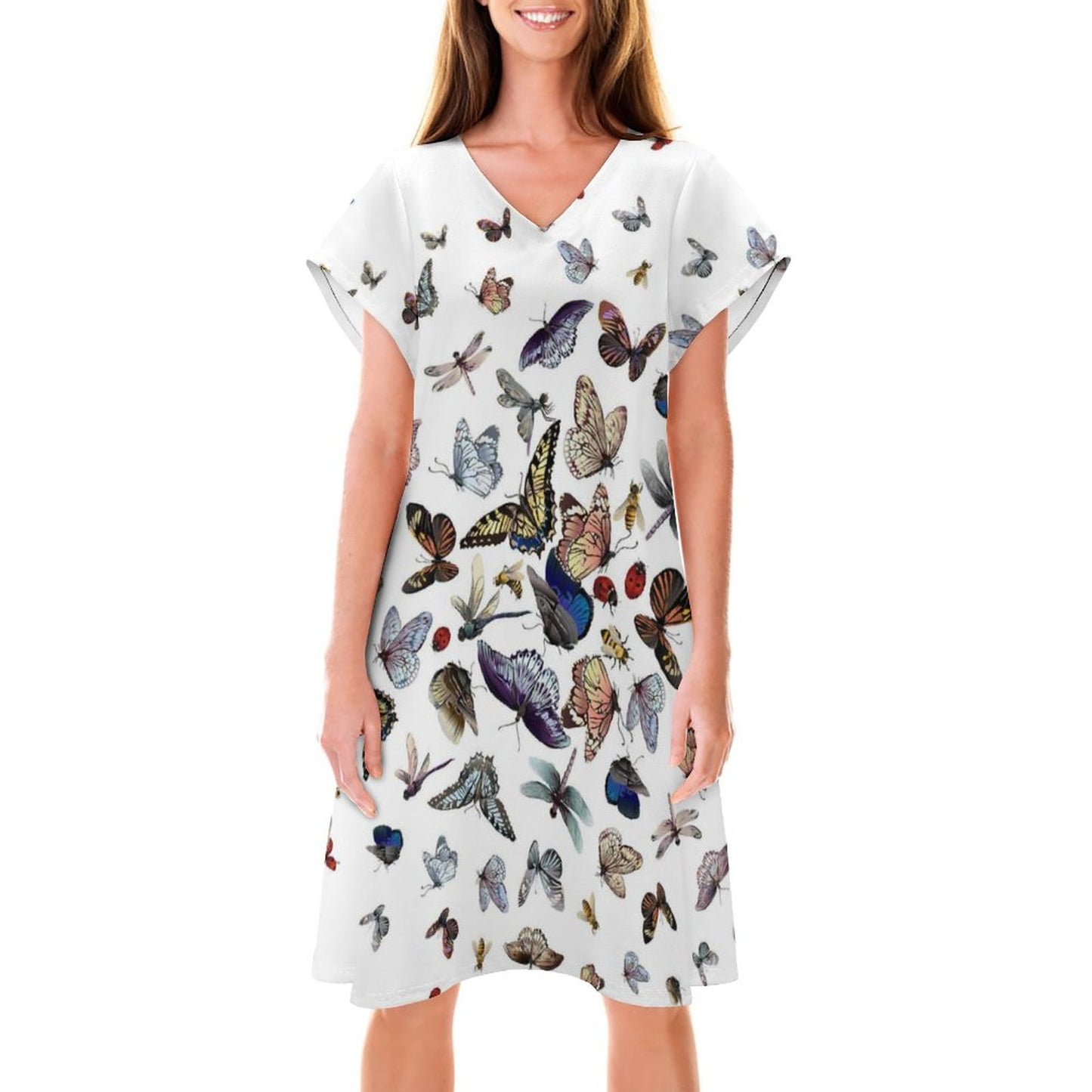 Online DIY Dress for Women V-neck Short Sleeve Skirt Butterfly Insect