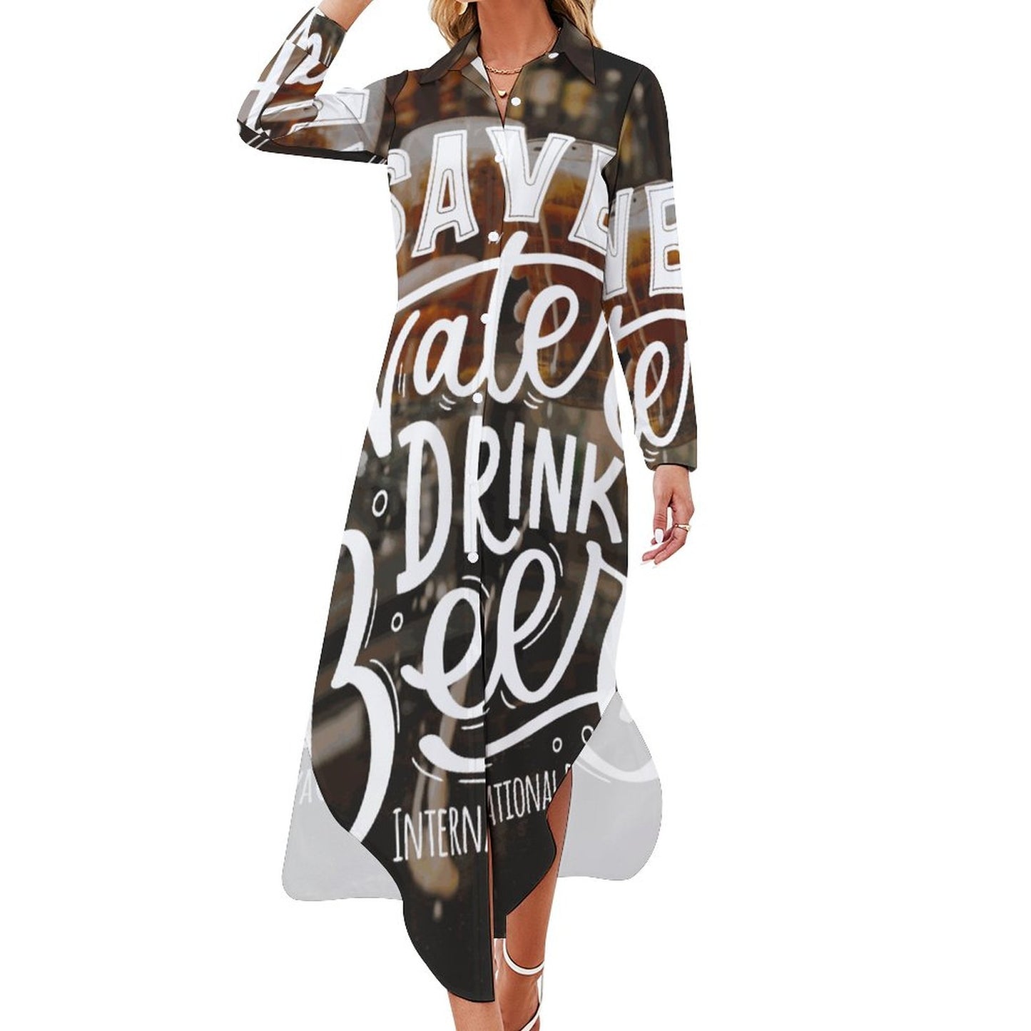 Online Customize Dress for Women Long Sleeved Shirt Dress Save Water Drink Beer