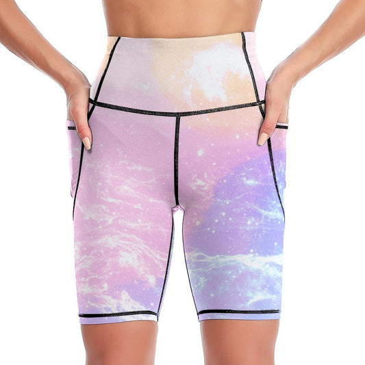 Online Custom Sportswear for Women Knee-Length Yoga Shorts Pink Blue Pattern