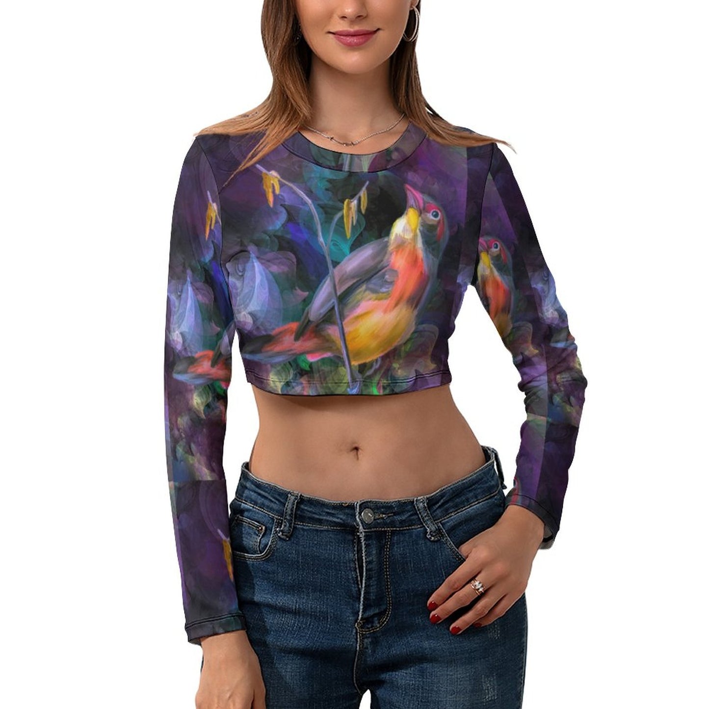Online DIY T-shirt for Women Long-sleeve Crop Top Oil Painting Birds Flowers