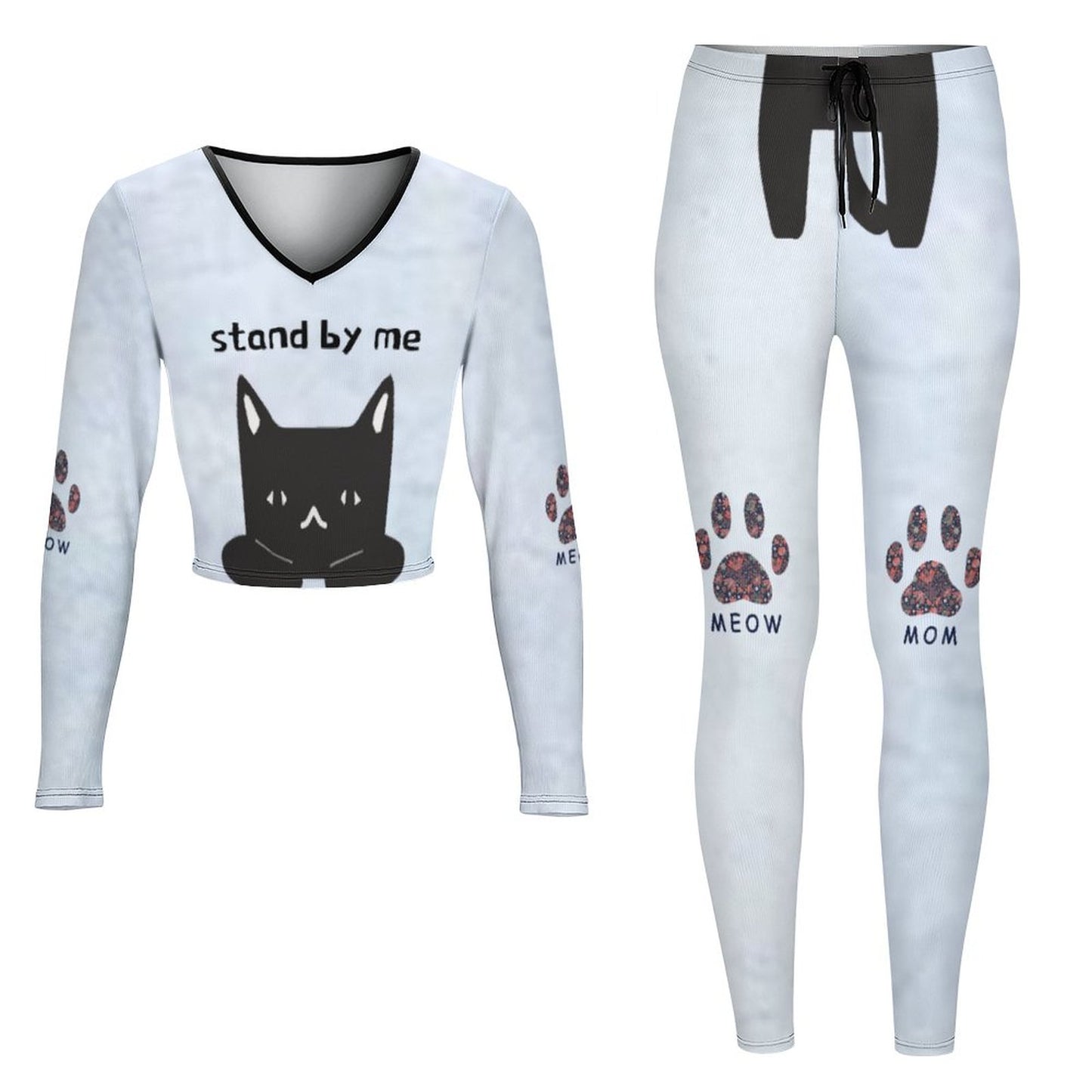 Online Custom Suit for Women V Neck Sweatshirt Set Cat Lazy Paralyzed Arrogant Sign Black White Cat
