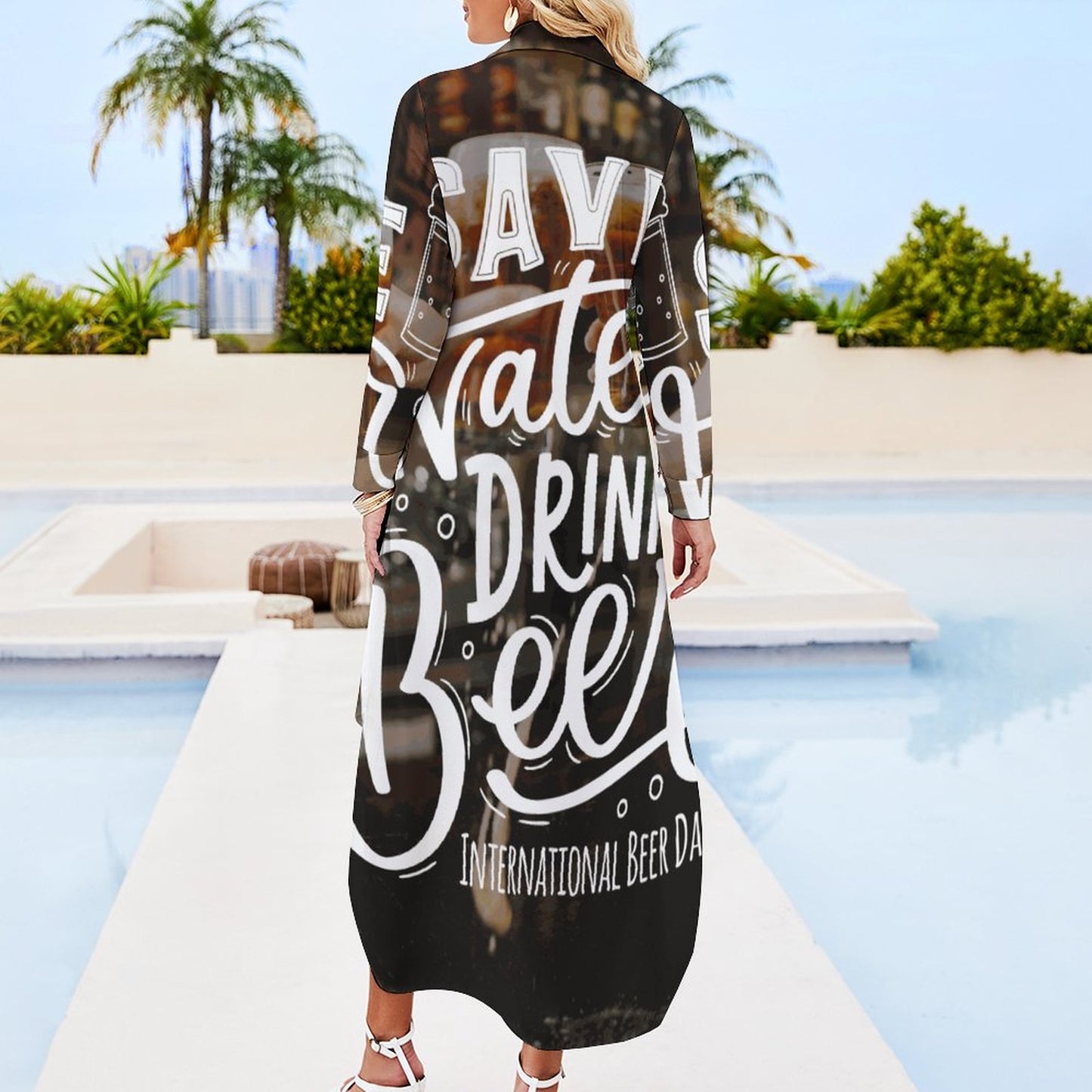 Online Customize Dress for Women Long Sleeved Shirt Dress Save Water Drink Beer