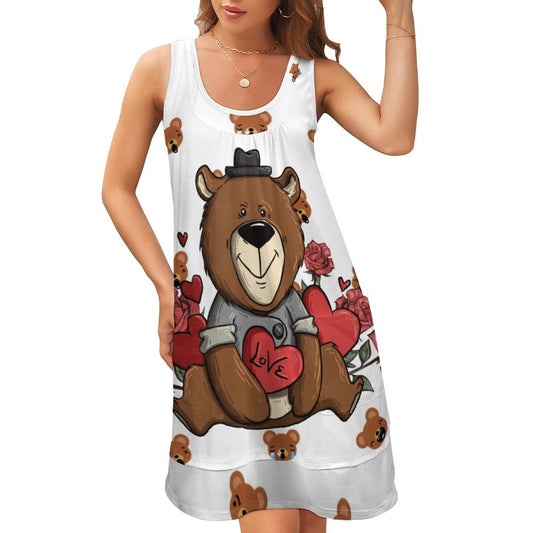 Online Customize Dress for Women Sleeveless U-neck Fake Two Piece Dress Teddy Bear And Roses