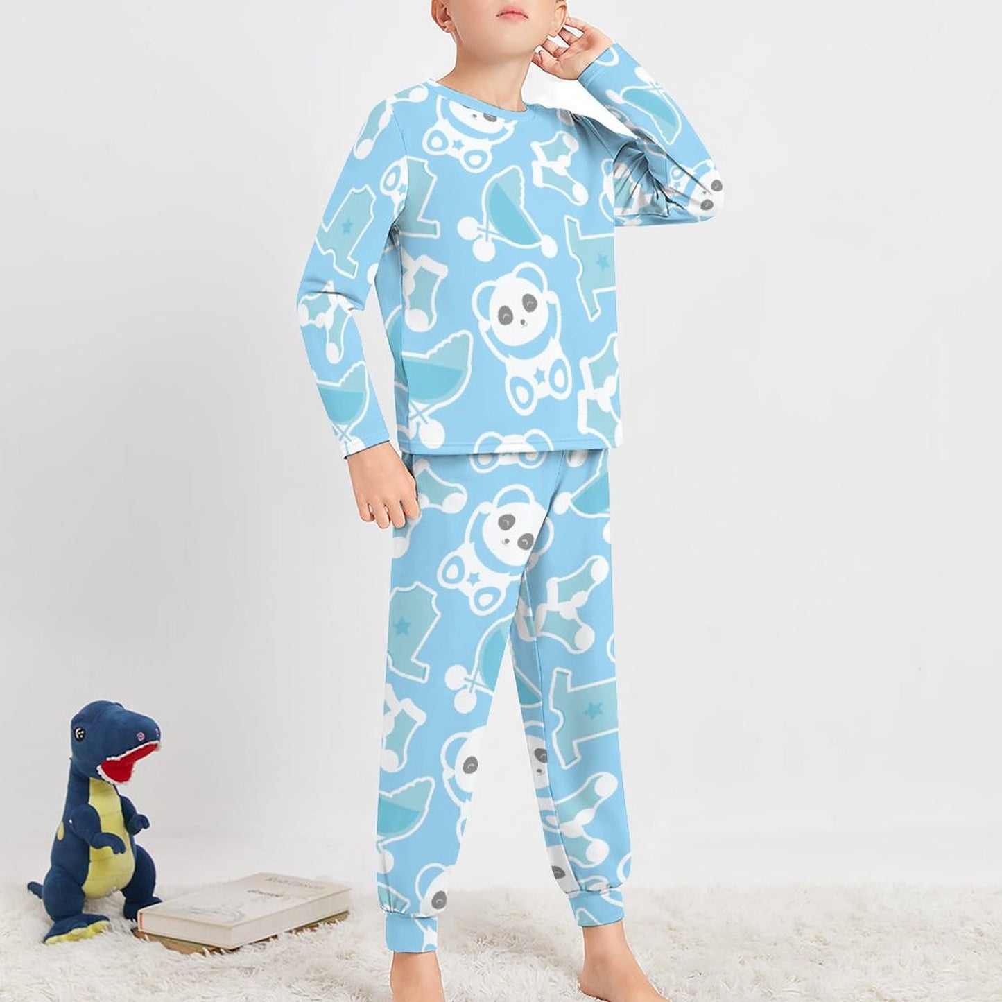 Online Customize Children's Pajama Suit Blue Panda Background Cartoon