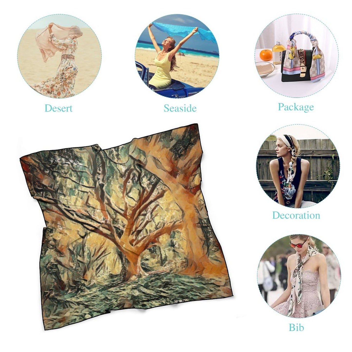 Online Customize Silk Scarves Oil Painting Forest Trees Style One Size