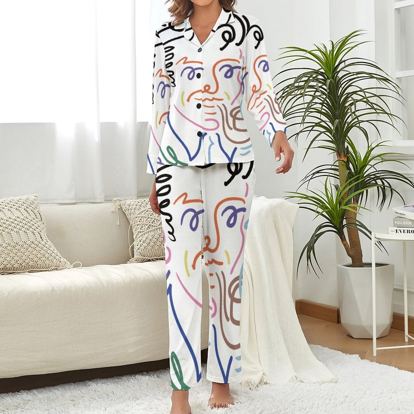 Online Customize Suit for Women Pajama Suit Colored Line Figure