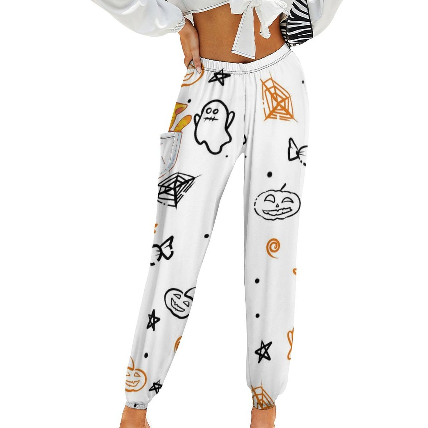 Online Custom Pants for Women Casual Trousers White Halloween Ghost Pocket Cat