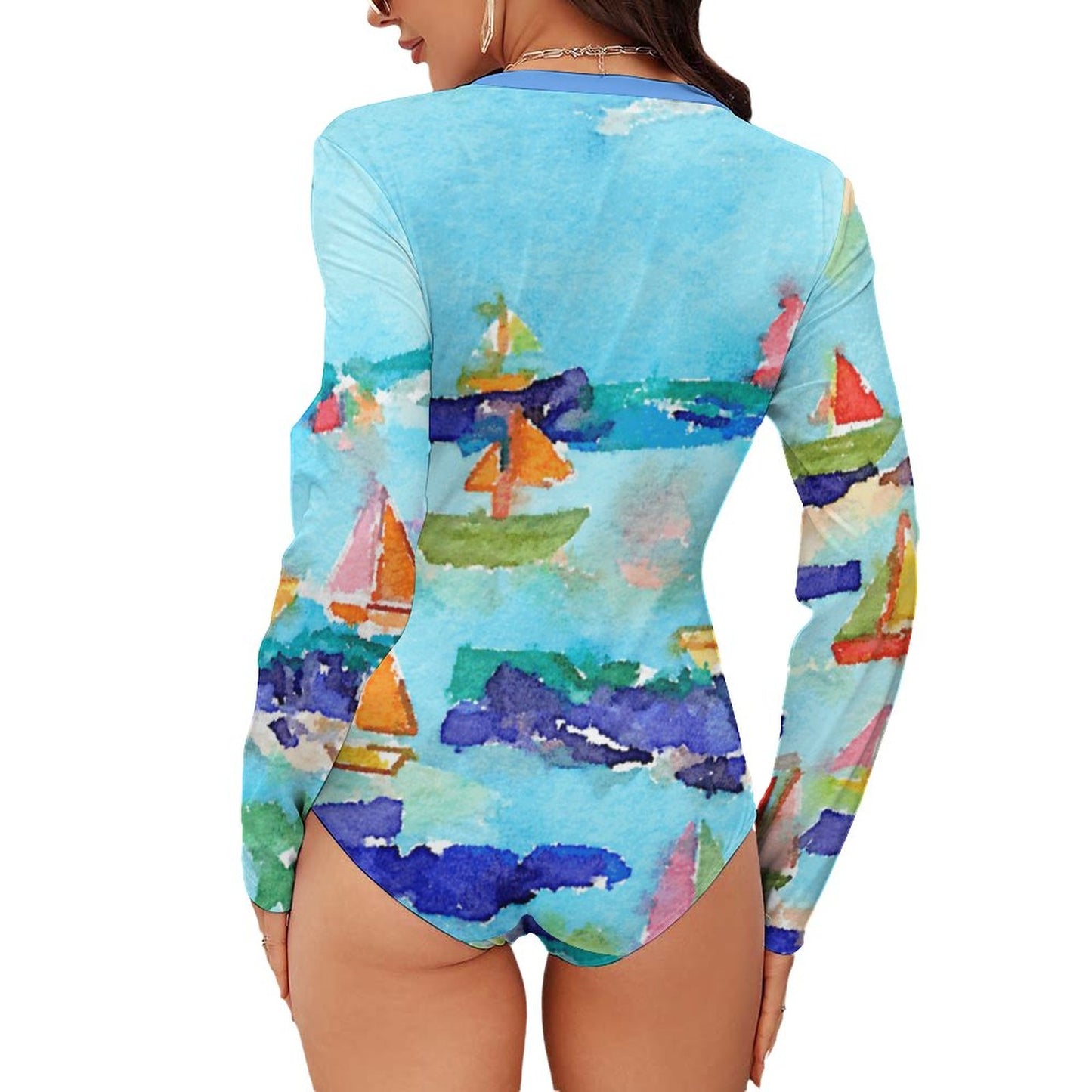 Online Customize Long Sleeved Jumpsuit Watercolor Painting Sailboat Sea