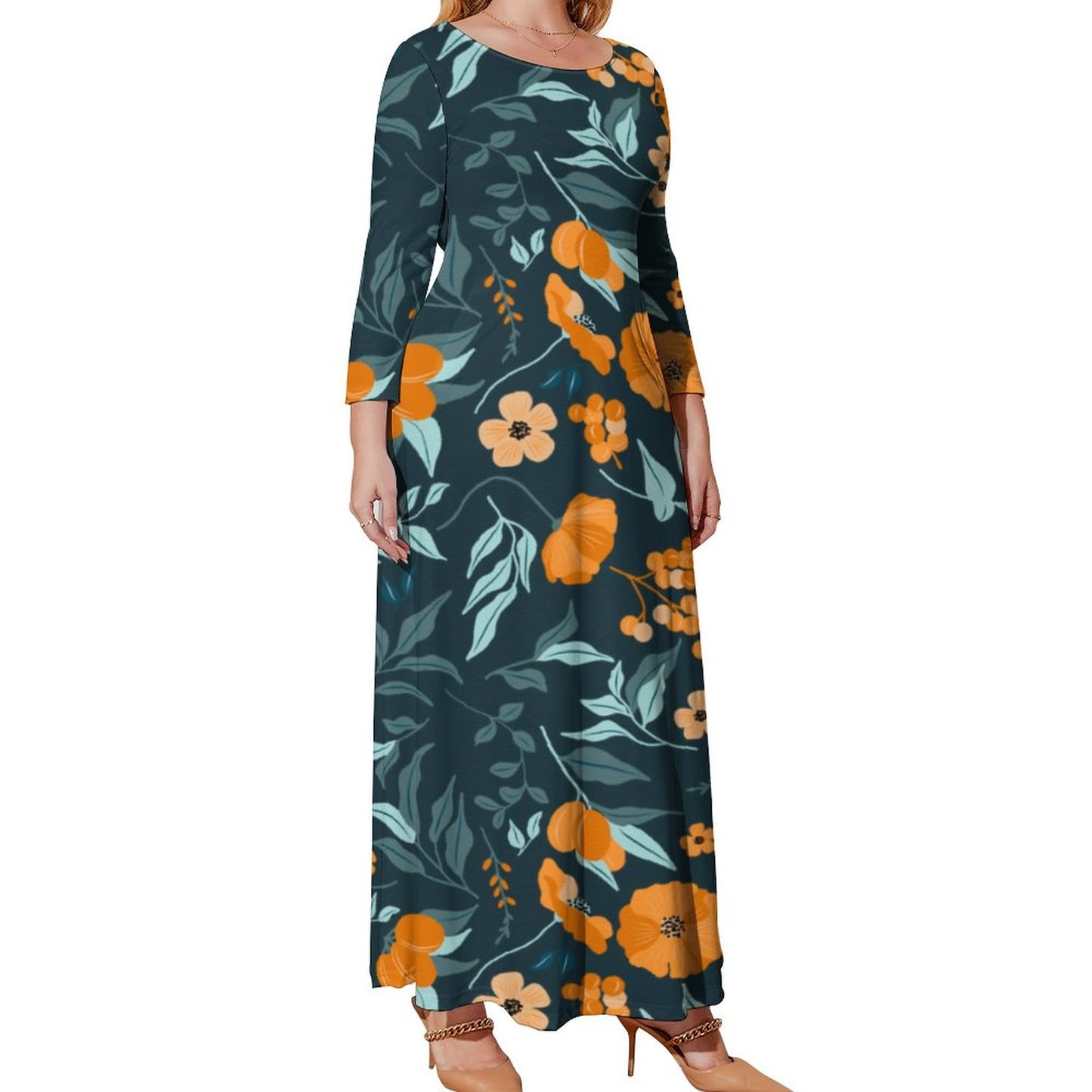 Online Customize Plus Size for Women Long Sleeved Dress Orange Blossom Repeat Pattern Dress for Women