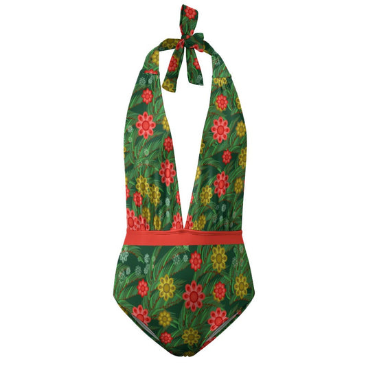 Online Custom Swimwear for Women Deep V Neck Swimsuit Green Leaves Flower Patterns