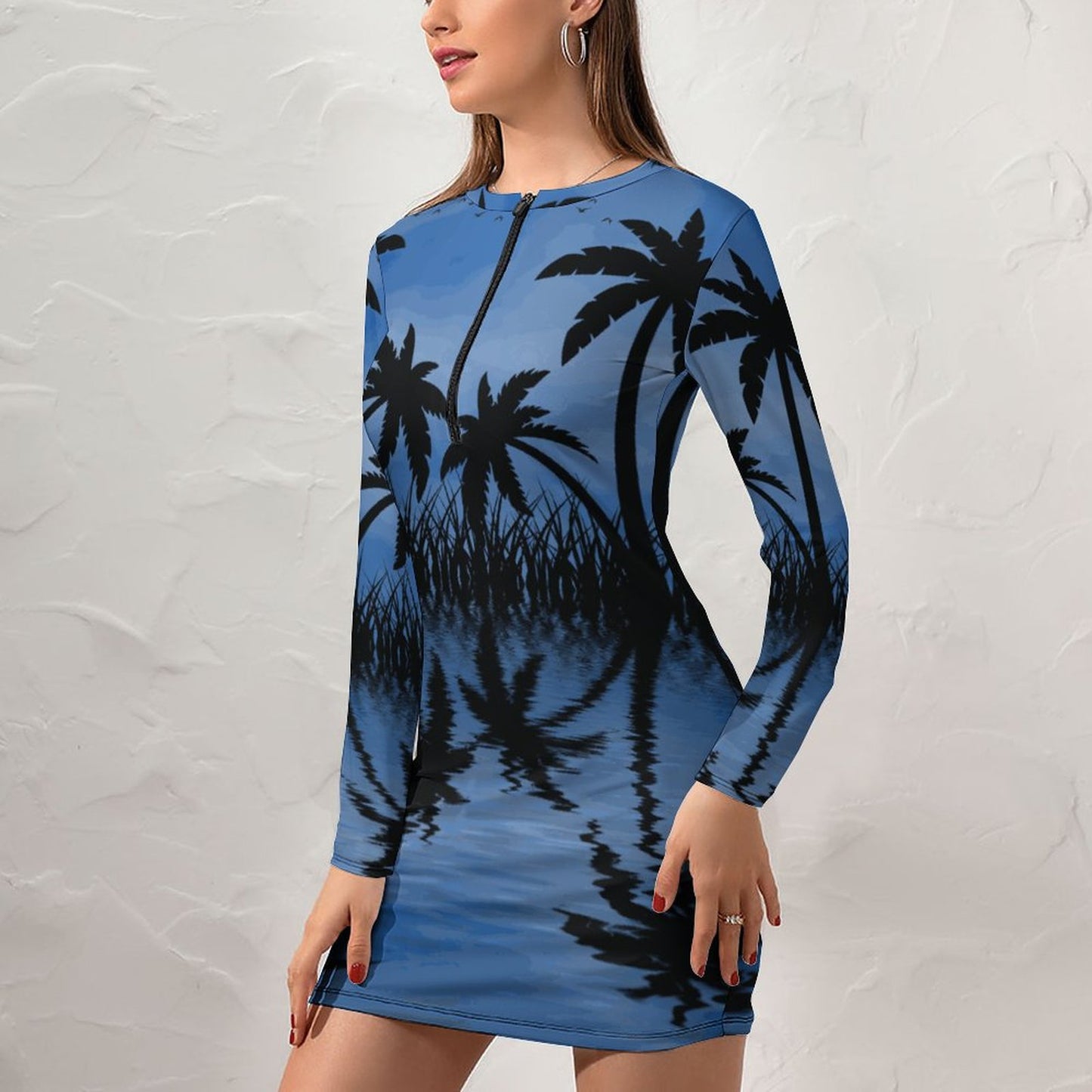 Online Customize Dress for Women Long-sleeve Bodycon Dress Coconut Tree Reflection Summer