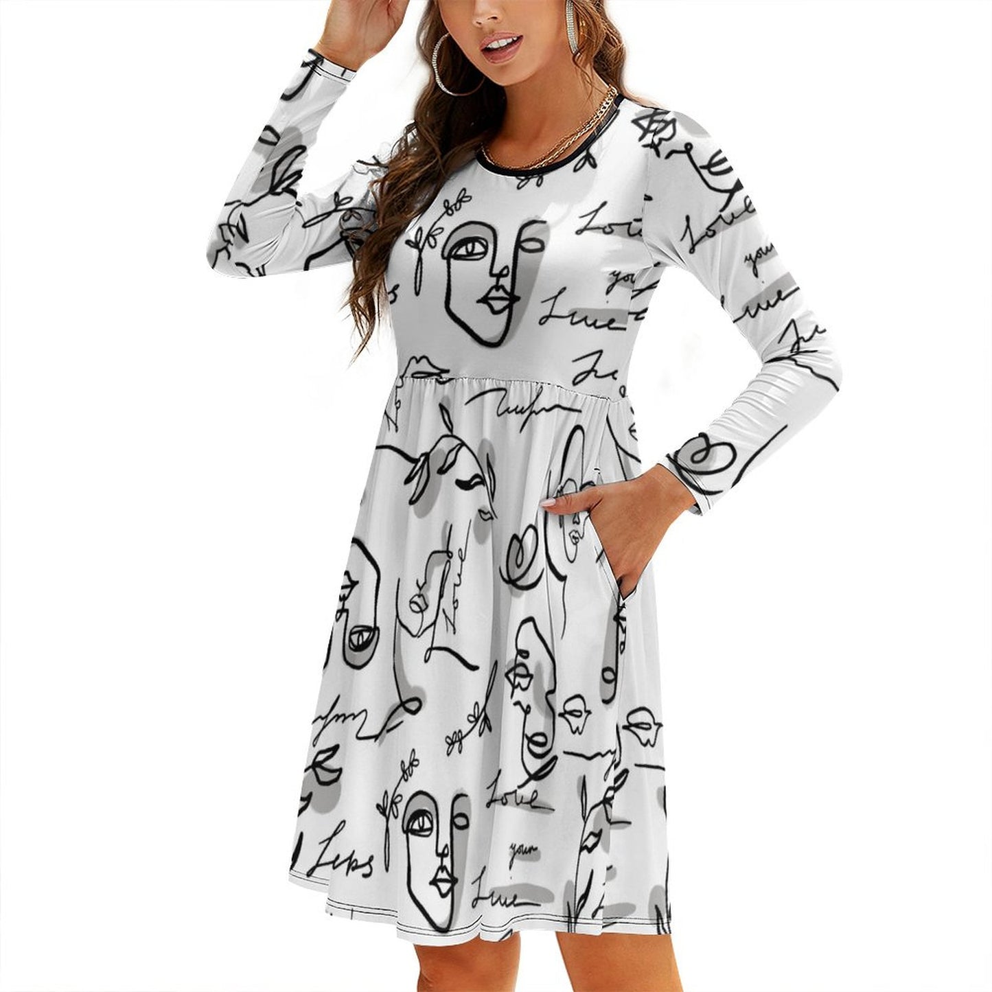 Online Custom Dress for Women Round Neck Baggy Dress Black And White Line Painting Characters