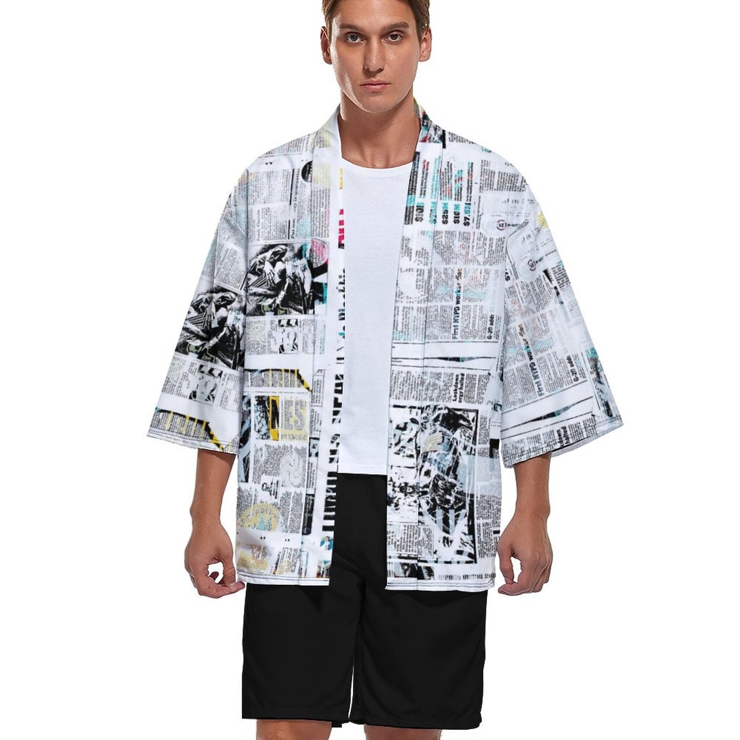 Online Custom Men's Kimono Cardigan Jacket Newspaper