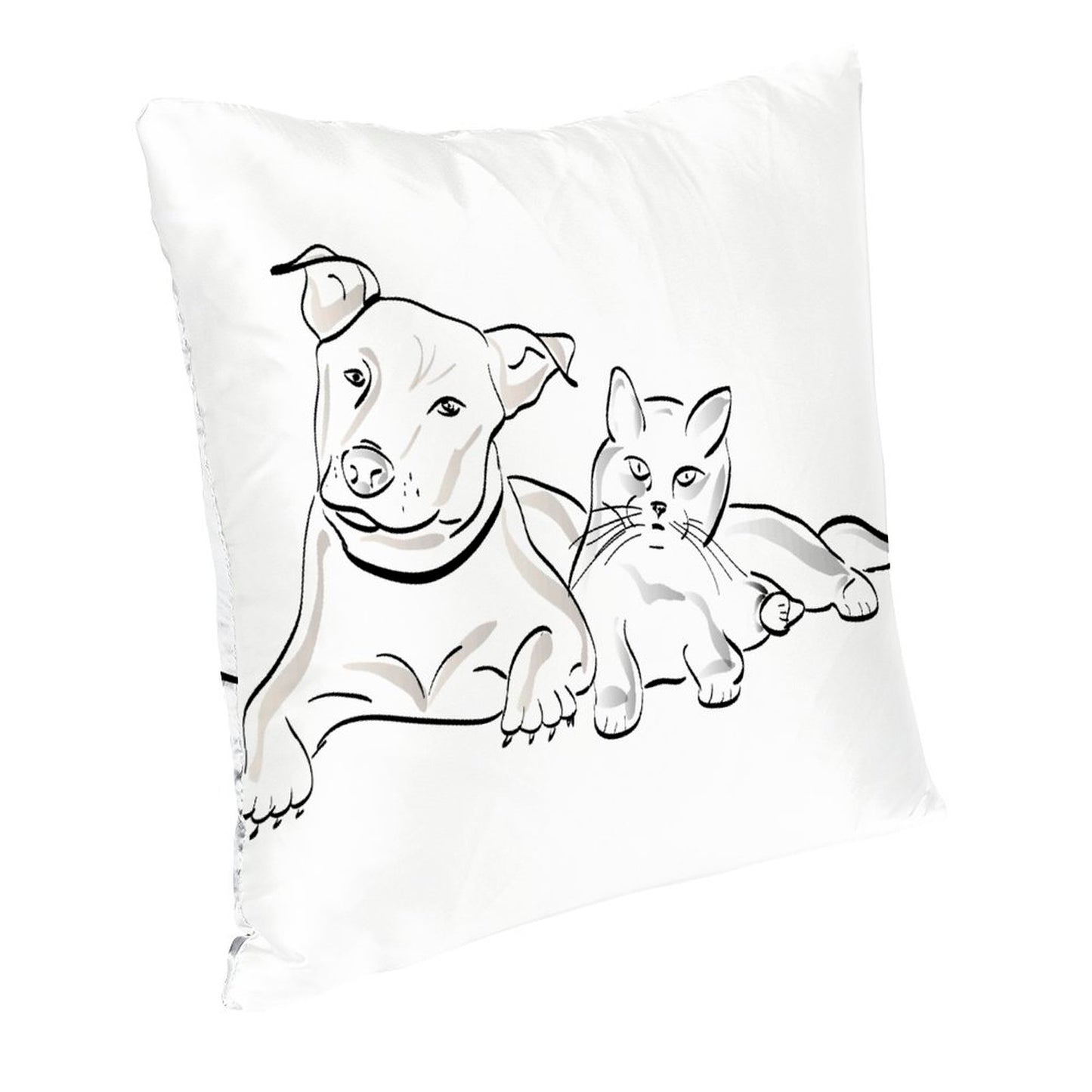 Online Custom Satin Pillow Case Sketch Drawing Dog & Cat White Background Only Pillowcase