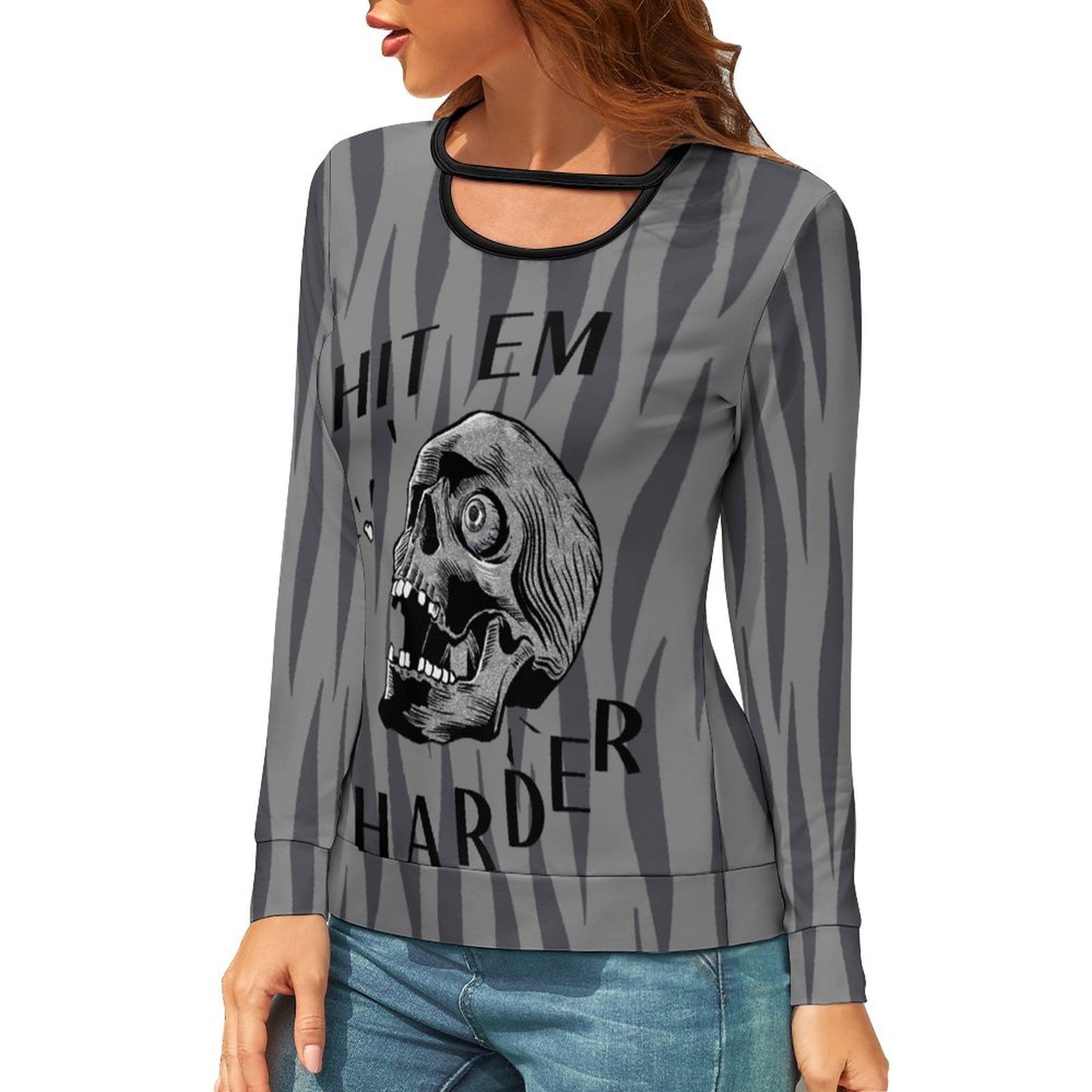 Online Customize Casual Wear for Women Long Sleeve Cutout Loose Fit Top Skull Harder Background Texture Design