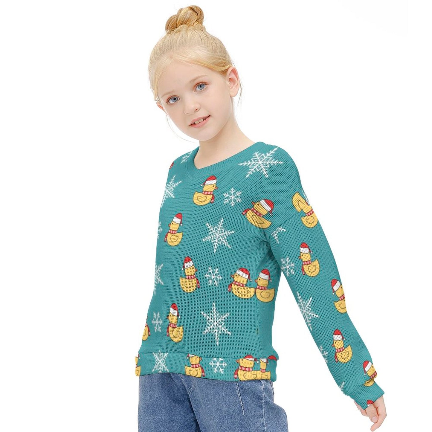 Online DIY Girl's V-neck Sweater Merry Christmas Santa Duck Snowflake Blue
