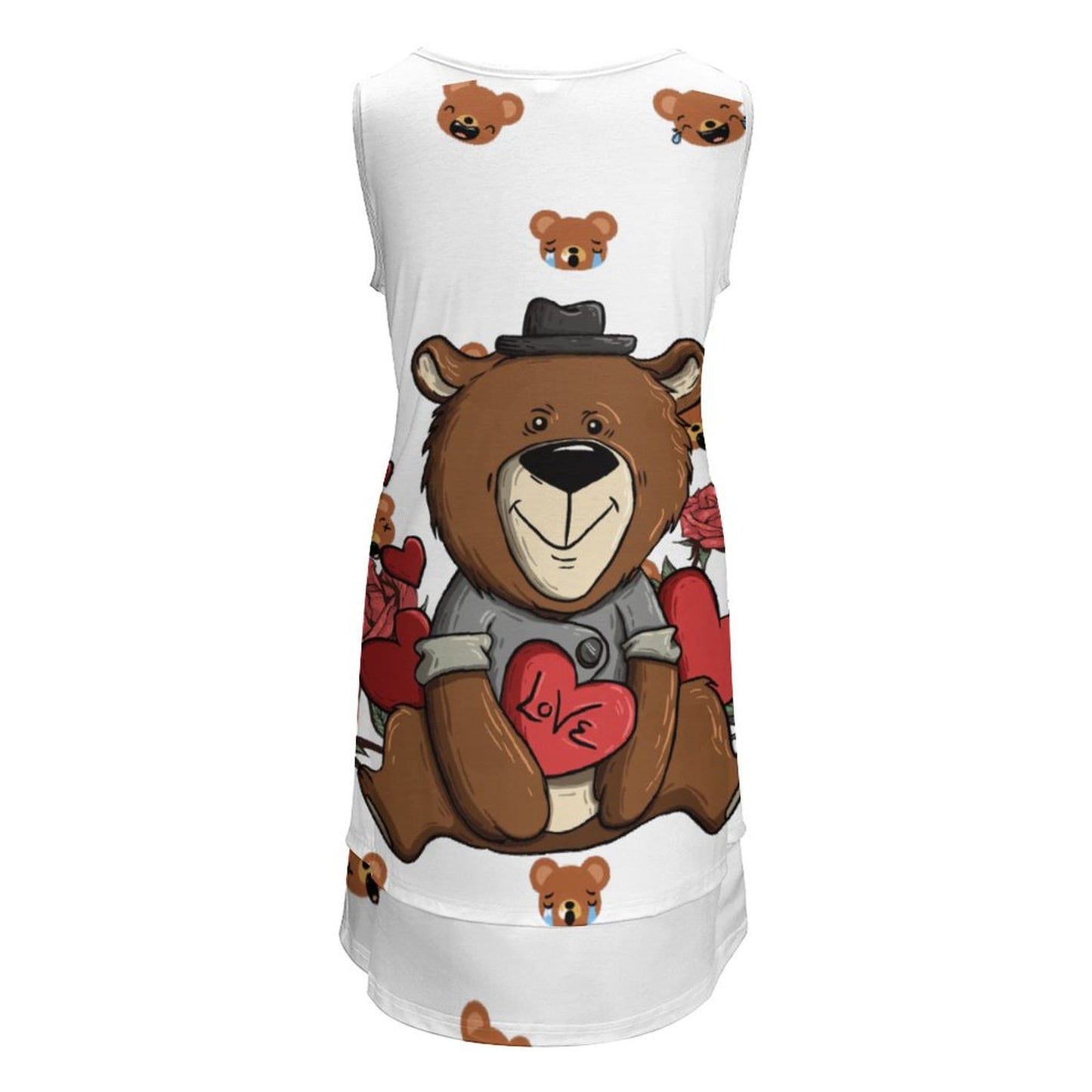 Online Customize Dress for Women Sleeveless U-neck Fake Two Piece Dress Teddy Bear And Roses