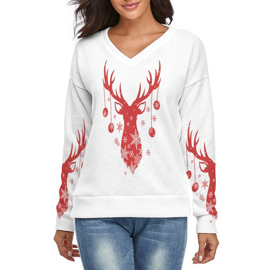 Online Custom Casual Wear for Women V-neck Sweater Christmas Red Reindeer Snow