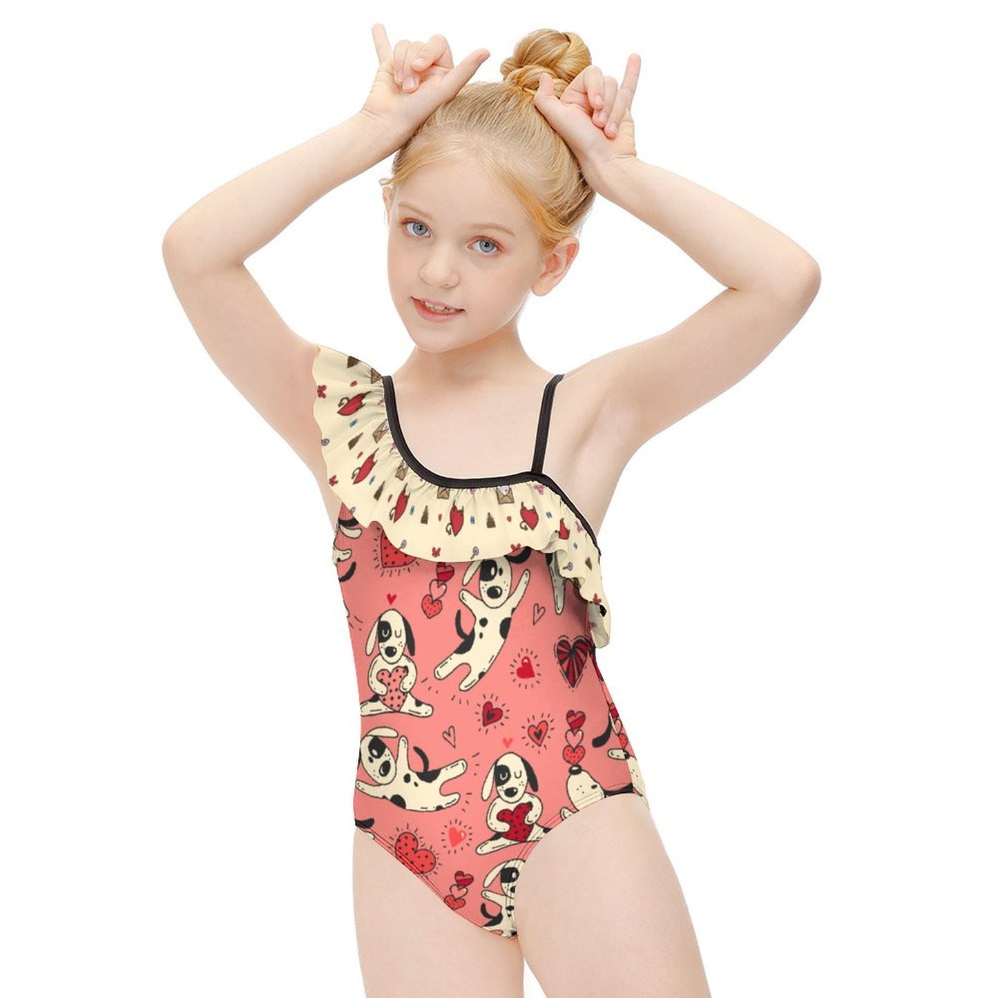 Online Customize Floundered One-piece Swimsuit for Girls Love Letter Envelope Love Dog Heart Love