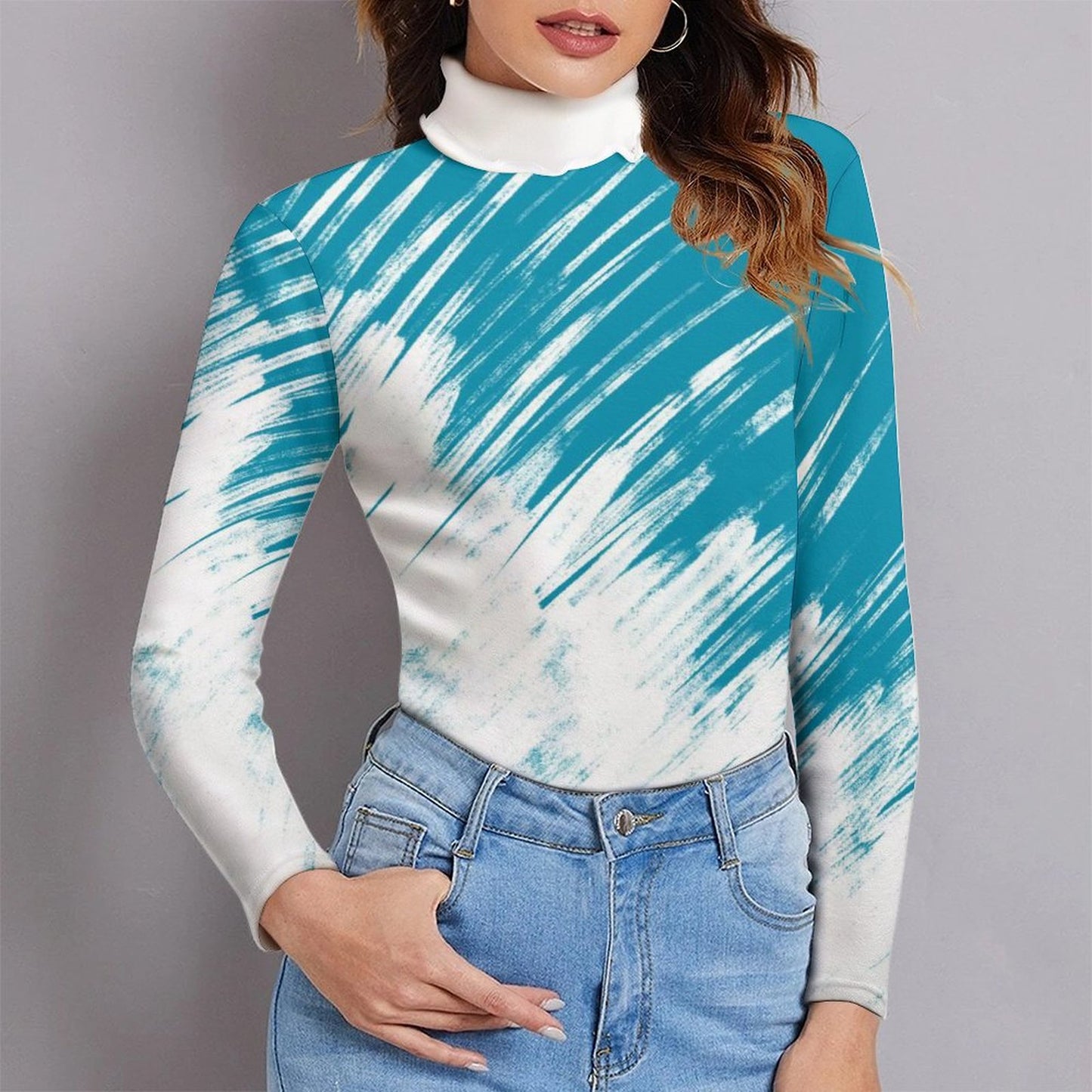 Online DIY Casual Wear for Women Turtleneck Blue And White