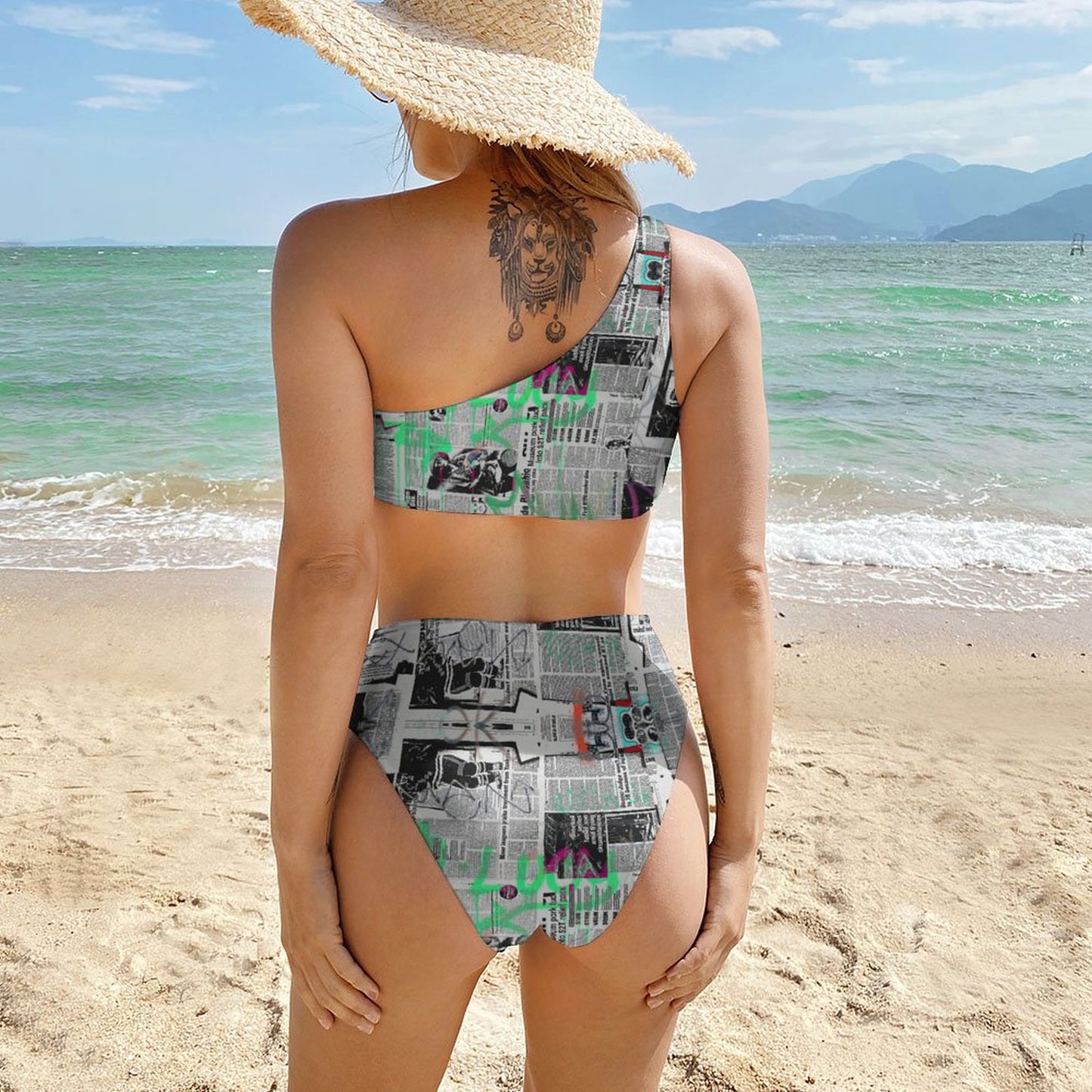Online Custom Swimwear for Women Bikini Swimming Costume Newspaper Graffiti